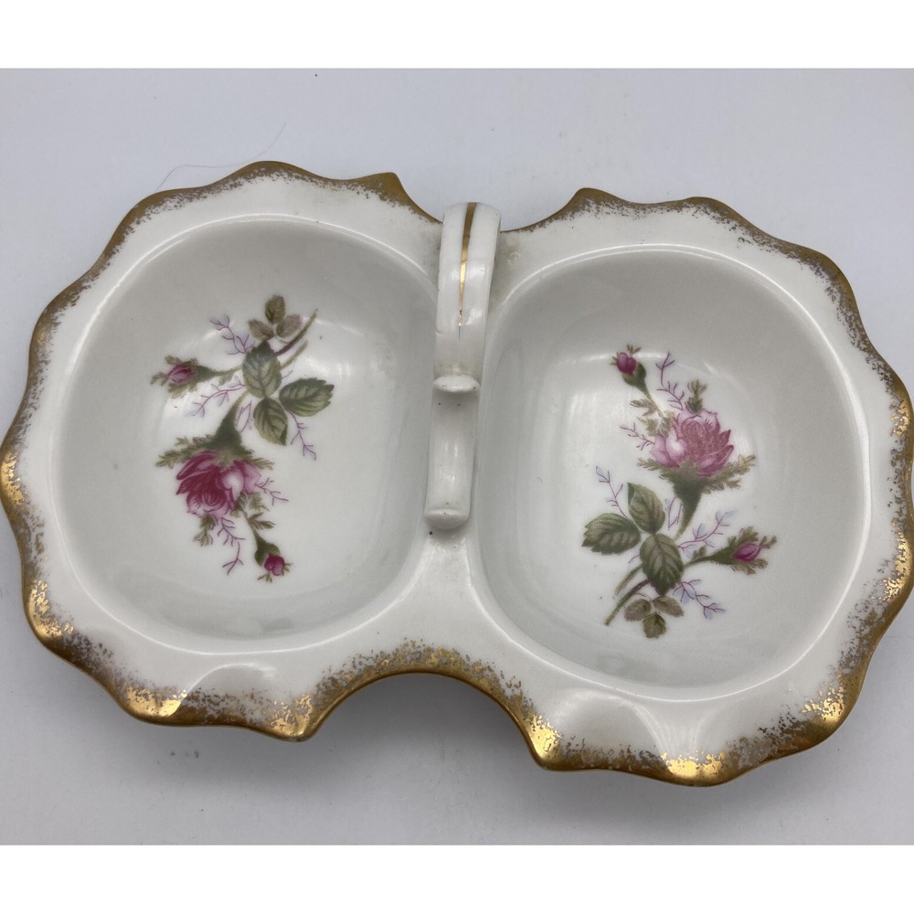 Vintage Lipper Mann Bond Ware Double Trinket Tray  7.75 in Long Floral Handle